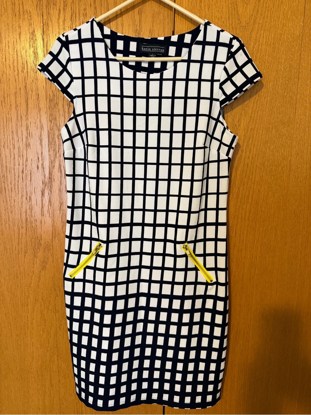 karin stevens White and Navy Grid Dress with Yellow Zipper Details